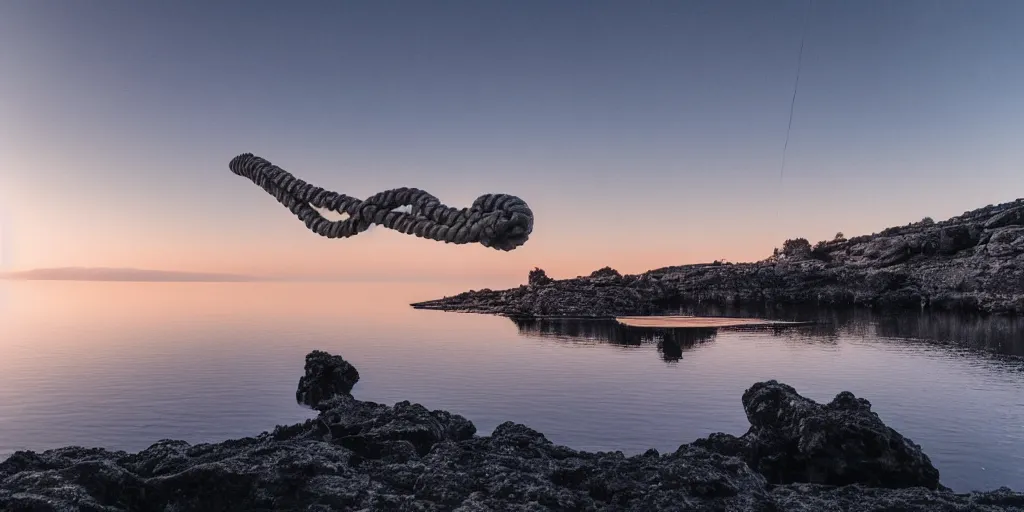 Image similar to cinematic shot of a lake with a rope floating in the middle, a rocky foreground, sunset, a bundle of rope is in the center of the lake, eerie vibe, leica, 2 4 mm lens, 3 5 mm kodak film, f / 2 2, anamorphic