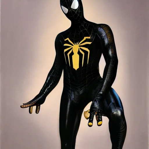 Prompt: photorealistic, hyperdetailed, oilpainting, of a black and gold, spider - man suit, by greg rutowski