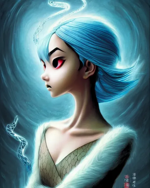 Prompt: an epic fantasy comic book style painting of a young malaysian woman, flying ice magician, lace, expressive, cold palette, dark piercing eyes, tan skin, beautiful futuristic hair style, awesome pose, character design by mark ryden pixar hayao miyazaki, ue 5