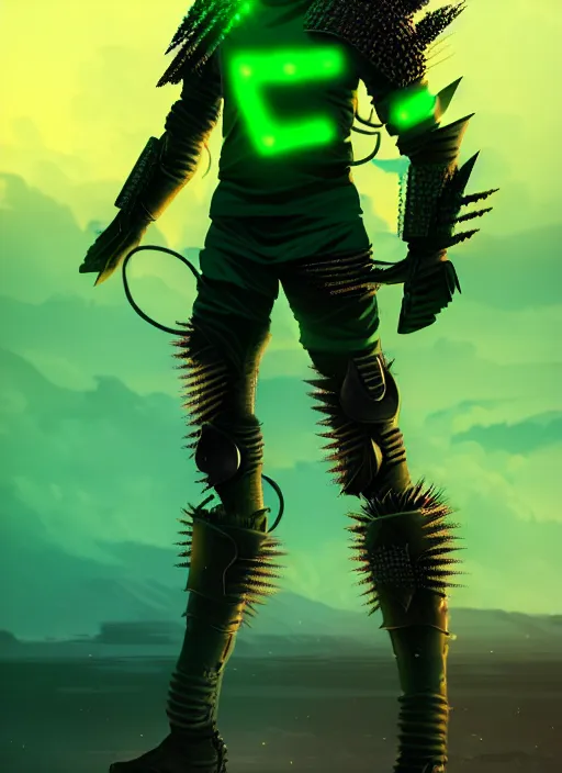 Image similar to a striking cinematic full body manga portrait of a male warrior with long blonde hair and blue eyes wearing evil green spiked cyberpunk armour and standing in a desolate desert wasteland by hirohiko araki and beeple, fine details, digital art, character concept art, volumetric lighting, cinematic light, photorealistic