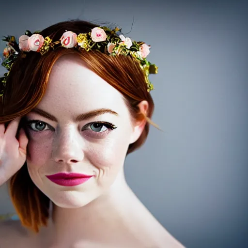 Prompt: emma stone with jewellary and flower crown, sensual, beautiful soft light failling on her face, studio photography, nikon 3 5 mm portrait photography, ultra realistic