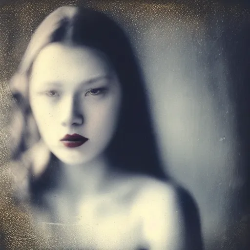 Image similar to fuji film, wetplate, motion blur, realistic character portrait photo of a beautiful woman, muted colours, by britt marling, glitter