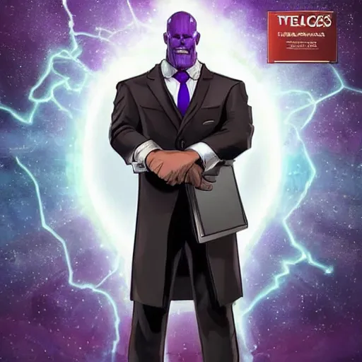Prompt: thanos from avengers endgame in a suit as a lawyer. thanos, lawyer, avengers endgame.