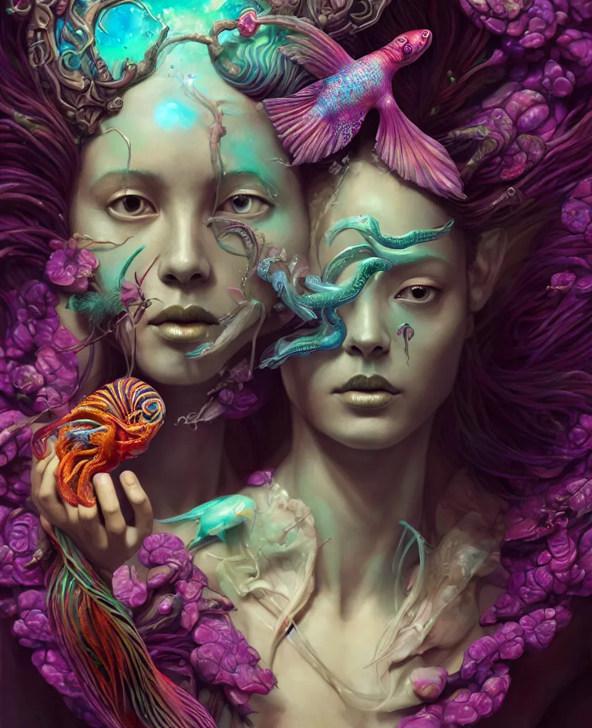 Image similar to goddess full color painted acryllic sculpture close-up portrait. orchid bird phoenix head, nautilus, skull, betta fish, bioluminiscent creatures, intricate artwork by Tooth Wu and wlop and beeple. octane render, trending on artstation, greg rutkowski very coherent symmetrical artwork. cinematic, hyper realism, high detail, octane render, 8k