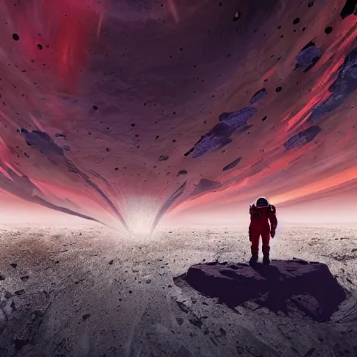 Image similar to astronaut standing in front of an eerie alien cathedral on a dystopian planet with a vortex made of obsidian floating in the red sky above, realistic