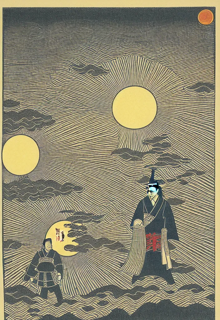 Prompt: prompt: Samurai standing in the middle of the lake with a big sun above him and clody skydrawn by TakatoYamamoto, Japanese woodblock print style, inspired by 1980's sci-ci, clean ink detailed line drawing, intricate detail, manga 1980