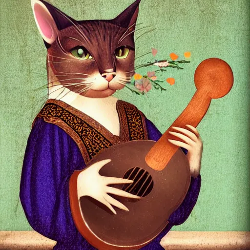 Prompt: cat with lute, flowers in the background, medieval portrait, colorful, medium shot