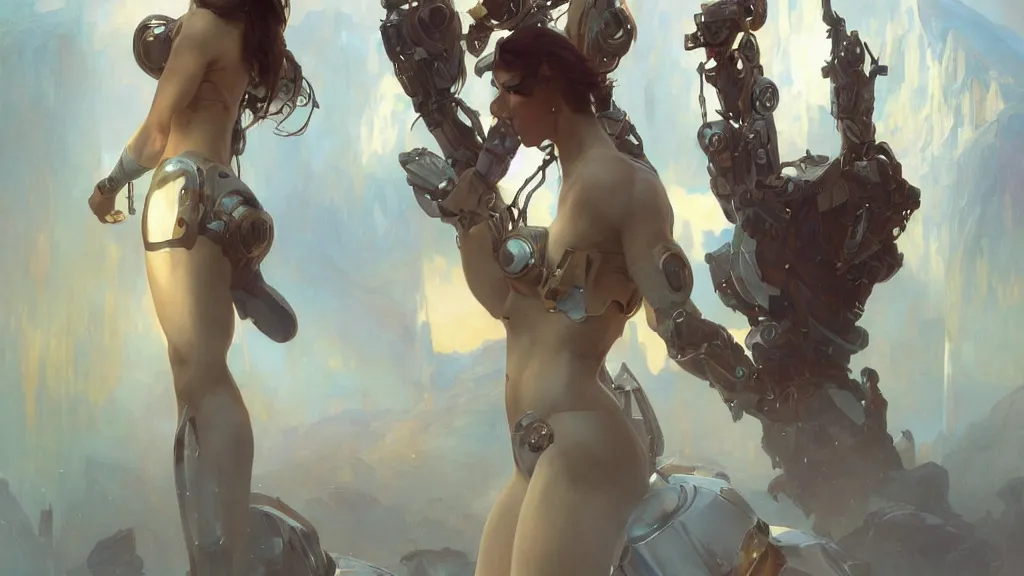 Image similar to modern elegant female cyborg greek goddess, space opera, feminine, powerful, beautiful, upper body, muscular, armour, highly detailed, digital painting, ghibli animated film, volumetric lighting, octane render artstation, concept art, smooth, sharp focus, illustration, by gaston bussiere, mucha, gerome, craig mullins, greg rutkowski, john singer sargent