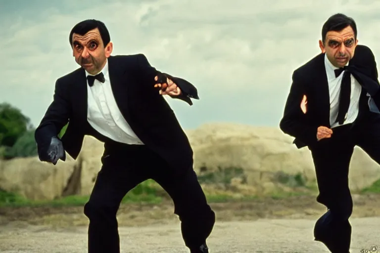 Image similar to mr bean from 1 9 9 0 s as james bond in an action scene fighting a villain, professional photography, 8 k, cinematic