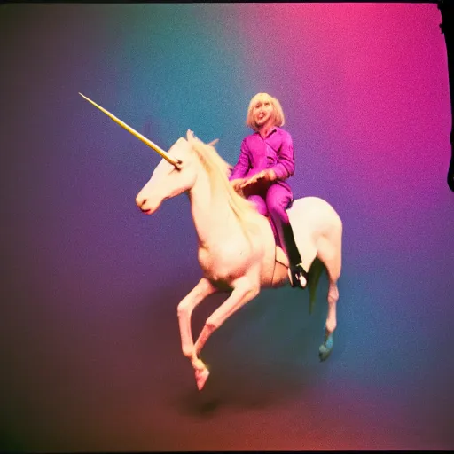 Prompt: andy warhol riding a pink unicorn in space, cinestill 8 0 0 t, award winning photograph