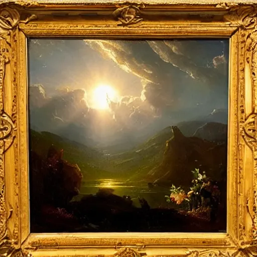 Prompt: The sun is a metaphor for hope. No matter how dark things may seem, there is always light. An oil painting by Thomas Cole