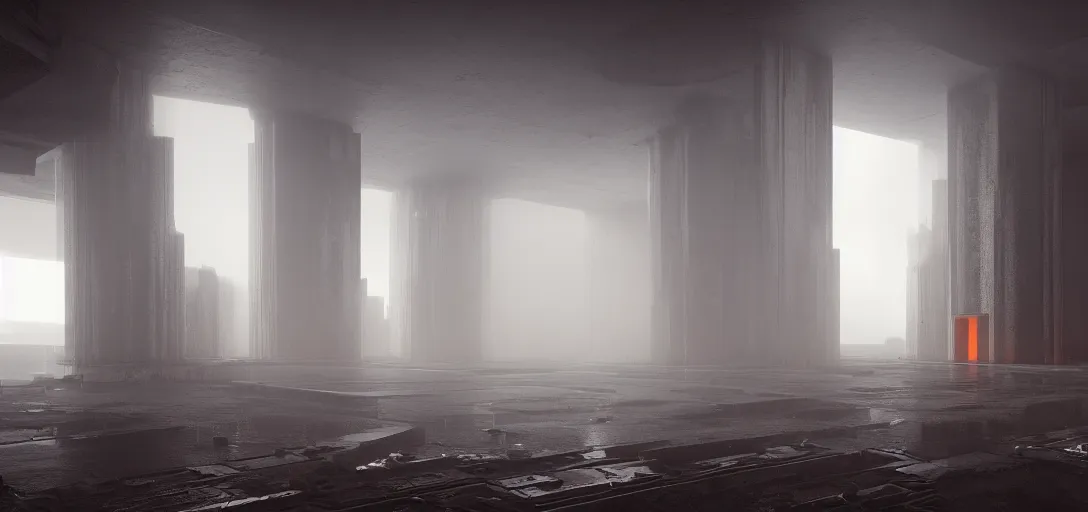 Image similar to dramatic view of empty brutalist underground structure, giant towering pillars, orange fog, unreal engine, dramatic lighting, detailed, ambient occlusion, global illumination, god rays, 3 d artstation render by greg rutowski and jessica rossier