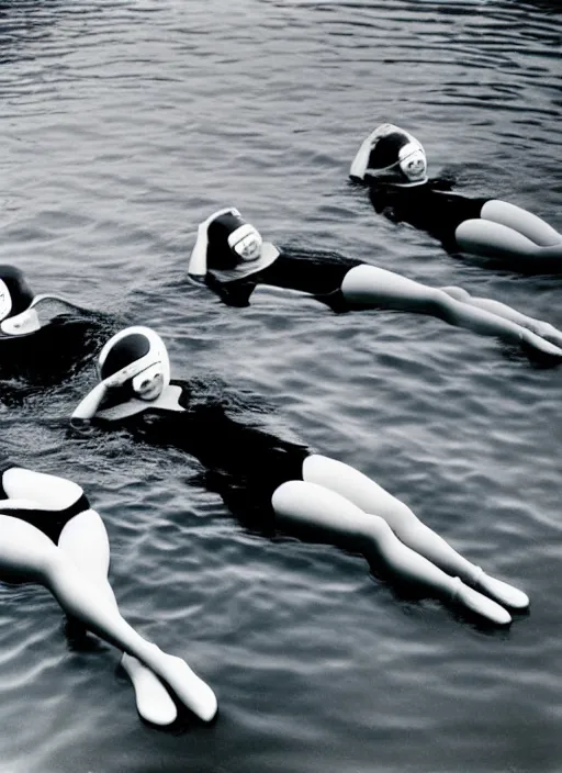 Image similar to realistic photo of a group of common girls in white tights, spherical black helmets, in a big pool filled with black mercury oil water, the sky is grey 2 0 0 0, life magazine photo,