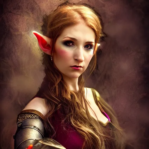 Image similar to portrait of a female elf,fantasy, D&D, HDR, natural light, medium close shot, dynamic pose, award winning photograph, Mucha style