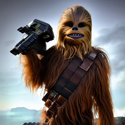 Image similar to chewbacca as master chief, highly detailed, extremely high quality, hd, 4 k, 8 k, canon 3 0 0 mm, professional photographer, 4 0 mp, lifelike, top - rated, award winning, realistic, detailed lighting, detailed shadows, sharp, no blur, edited, corrected, trending