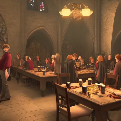 Image similar to hogwart harry potter, dinning room. just before the selection. people eating. artstation, photorealistic, hyperrealistic, cinematic, artstation, octane render, 8 k