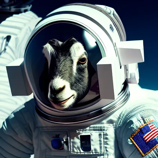 Image similar to professional photo goat on four feet in astronaut suit on the moon, closeup shot, hyperrealistic masterpiece, trending on artstation, cgsociety, kodakchrome, golden ratio, cinematic, composition, beautiful lighting, hyper detailed, sharp focus, octane render, 4 k, unreal engine