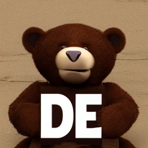 Image similar to a bear holding a'please'sign, in the style of pixar