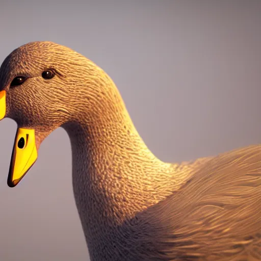 Prompt: photorealistic 3D render, cinema 4d, bokeh portrait of a cute goose, dramatic backlighting