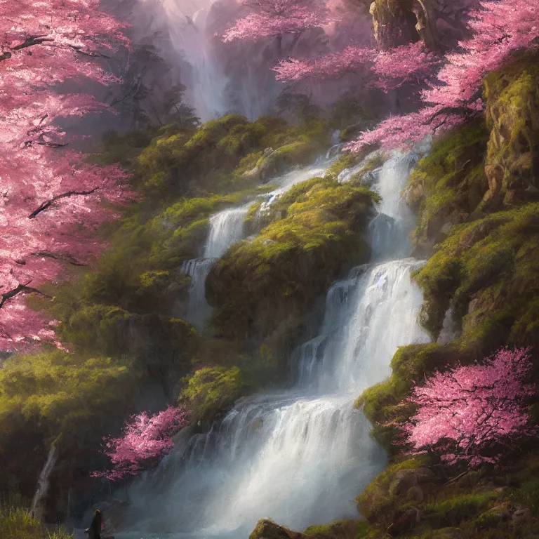 Image similar to A beautiful oil painting of a very tall waterfall on a very rocky cliff, in the middle of a huge forest of cherry blossom trees with bright pink glowing leaves, by Greg Rutkowski