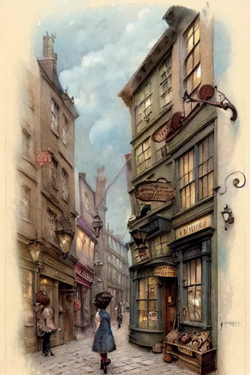 Prompt: (((((1950s Diagon Alley . muted colors.))))) by Jean-Baptiste Monge !!!!!!!!!!!!!!!!!!!!!!!!!!!