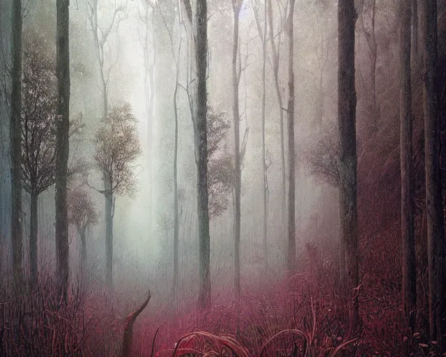 Image similar to An overgrown forest, dense forest, digital art, epic scale, immaculate lighting Beksinski