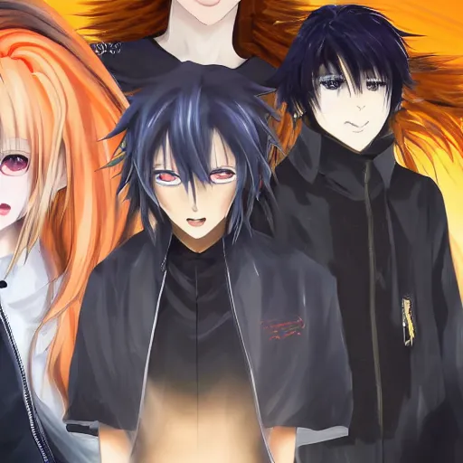 Image similar to orange - haired anime boy, 1 7 - year - old anime boy with wild spiky hair + 1 7 - year - old pale - skinned persian girl with black hair long bob cut, long bangs, black gothic jacket, ultra - realistic, sharp details, subsurface scattering, blue sunshine, intricate details, hd anime, 2 0 1 9 anime