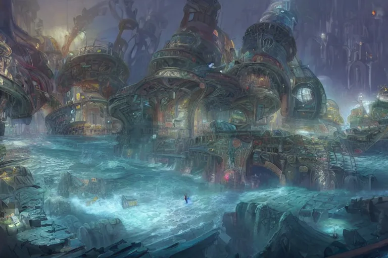 Image similar to concept art of a city walking through ocean, hyperdetailed, epic, beautiful, by Tyler Edlin