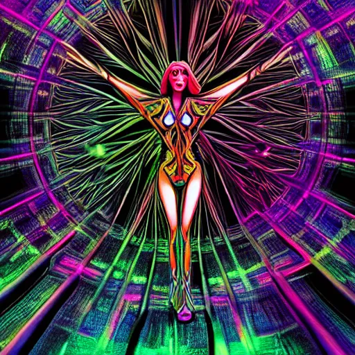 Image similar to long Shot of psychedelic Black widow standing in mysterious chromatic astral temple , beautiful, dmt, omnious, soft, hypermaximalistic, high details, cinematic, 8k resolution, artwork by Wong, Liam