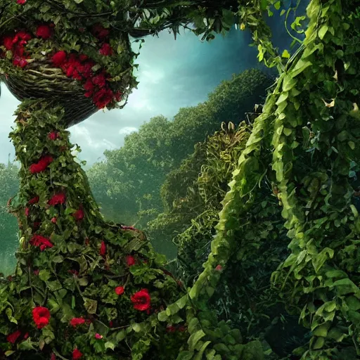 Image similar to mother nature made of vines and leaves and a crown made of flowers towering over a tropical island, Dramatic Lighting, Trending on Artstation HQ, 4K, UHD.