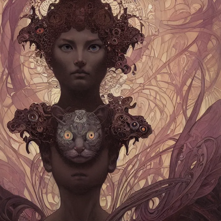Image similar to A portrait of A cat with many eyes by Ross Tran!!! and alphonse mucha and greg rutkowski! and gustav doré! and Zdzisław Beksiński!,In style of digital art illustration.Symmetry.Highly detailed face.Fantasy,smooth,hyper detailed,sharp focus,Soft light.trending on artstation.4k