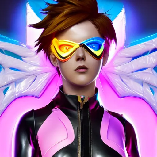 Image similar to portrait bust digital artwork of tracer overwatch, wearing iridescent rainbow latex and leather straps catsuit outfit, neon makeup, in style of mark arian, angel wings, wearing detailed leather collar, chains, black leather harness, detailed face and eyes,