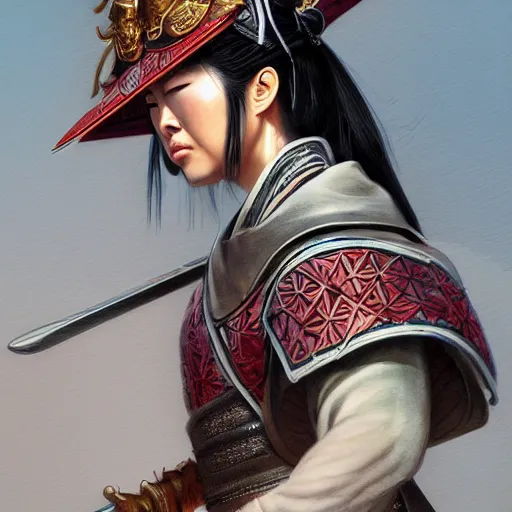 Image similar to portrait of a Asian samurai woman onna-musha, muscular, upper body, D&D, fantasy, intricate, cinematic lighting, highly detailed, digital painting, artstation, concept art, smooth, sharp focus, illustration, art by Hajime Sorayama