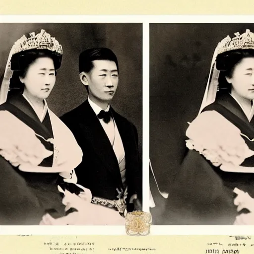 Prompt: An extreme closeup shot, colored black and white Russian and Japanese mix historical fantasy photographic portrait of a Royal wedding of the empress and emperor exchanging the wedding rings, golden hour, warm lighting, 1907 photo from the official wedding photographer for the royal wedding.