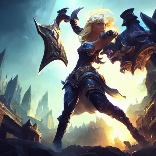 Image similar to a blonde paladin woman holding her shield up fighting a giant goat on the streets of a fantasy town, league of legends splash art, deiv calviz, splash art, natural light, elegant, intricate, fantasy, atmospheric lighting, by greg rutkowski, league of legends splash art, hd wallpaper, ultra high details