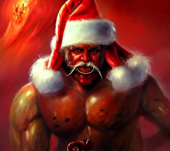 Image similar to magic : the gathering fantasy character concept art of the great anthropomorphic lobster wearing santa outfit by franz frazetta, high resolution. a clear portrait of powerful lobster wearing a santa outfit, magical christmas fantasy in background, fantasy coloring, intricate, digital painting, artstation, smooth, sharp focus