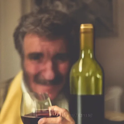 Image similar to photograph of a frenchman seated at a table with a bottle of wine in 2 0 2 0. colorful, award winning photography, 5 0 mm, extremely detailed face