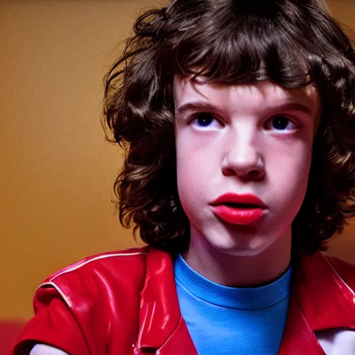 Image similar to Mick Jagger as Dustin in Stranger Things, red and blue light