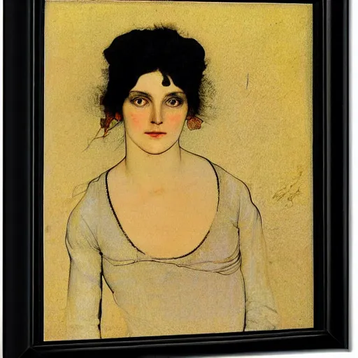 Prompt: portrait of a beautiful young lady with silver eyes, colored daguerreotype, by schiele, by mucha, by Mackintosh