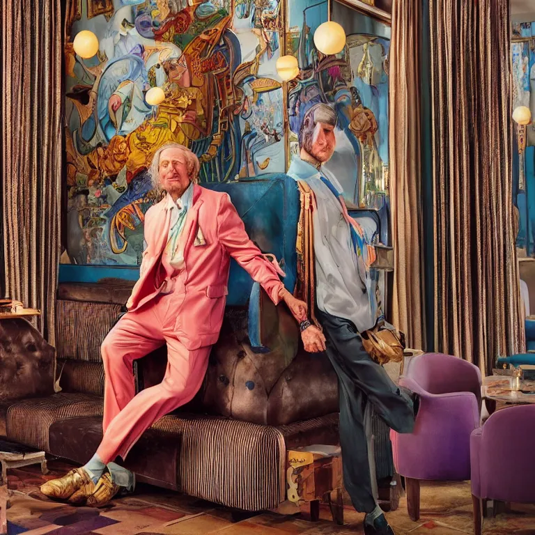 Image similar to vogue photoshoot octane render portrait by wayne barlow and carlo crivelli and glenn fabry, a handsome eccentric man in a bright colorful pastel wes anderson uniform inside a high - end exotic vintage boutique hotel bar, very short depth of field, bokeh