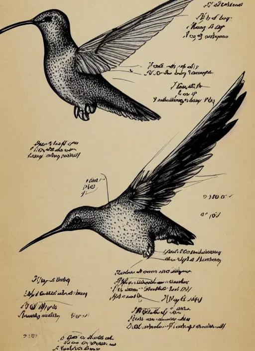 Prompt: full page scan of 1400s detailed hummingbird concept art, architectural section, plan drawing, page, fantasy, diagram, informative texts, graphs, notes, scribbles, mechanical hummingbird bird anatomy anatomical, Patent application drawing, close-up, Fig.1, Header text