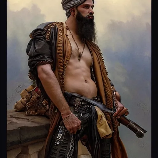 Image similar to portrait of taliban and leather men at gay pride in brighton, real life skin, intricate, elegant, highly detailed, artstation, concept art, smooth, sharp focus, art by artgerm and greg rutkowski and alphonse mucha