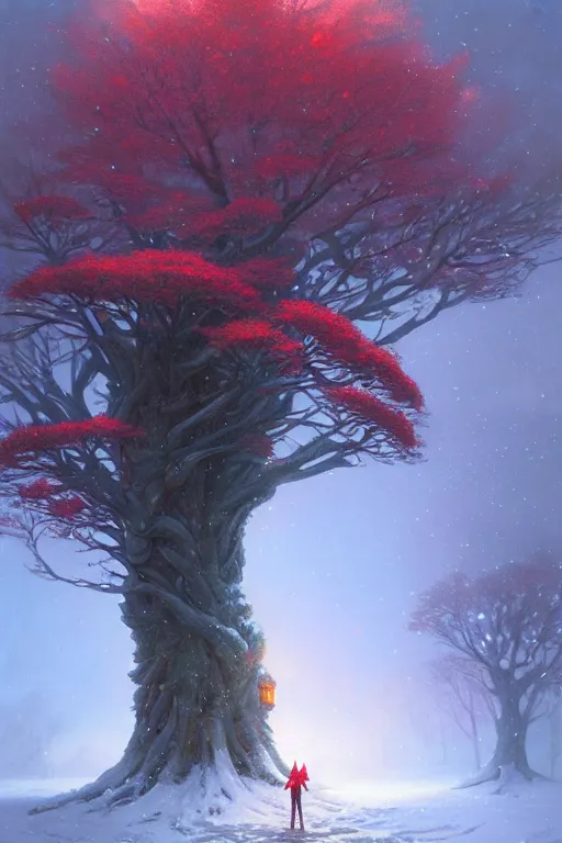 Image similar to giant tree in snow with red flowers, unreal engine, fantasy art by greg rutkowski, loish, rhads, ferdinand knab, makoto shinkai and lois van baarle, ilya kuvshinov, rossdraws, tom bagshaw, global illumination, radiant light, detailed and intricate environment