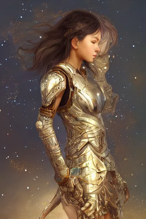 Image similar to portrait knights of Zodiac girl, white color reflected armor, in ruined Agora of Athens moon night and firefly and star sparkles, ssci-fi, fantasy, intricate, very very beautiful, elegant, golden light, highly detailed, digital painting, artstation, concept art, smooth, sharp focus, illustration, art by tian zi and WLOP and alphonse mucha