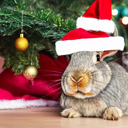 Image similar to a rabbit wearing a santa hat, places a christmas present underneath a christmas tree inside a cozy livingroom, realistic watercolour style