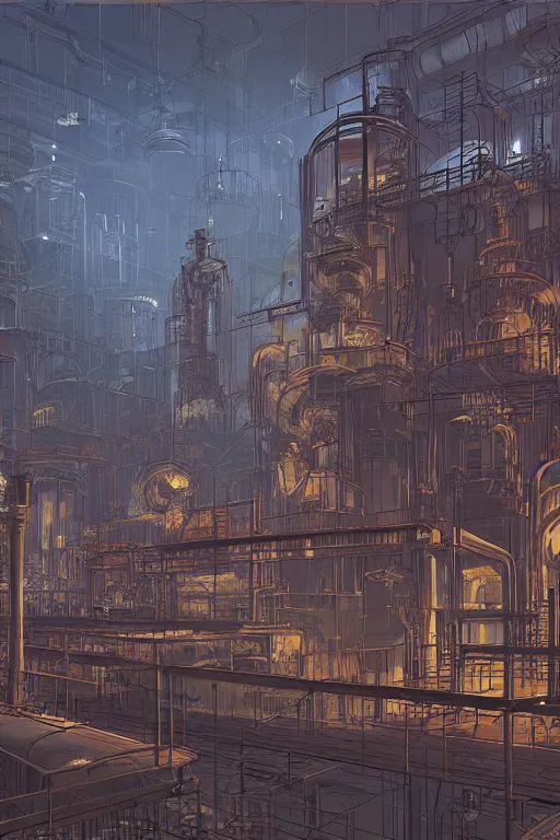 Prompt: a detailed concept art of a steampunk factory, by moebius, by beeple