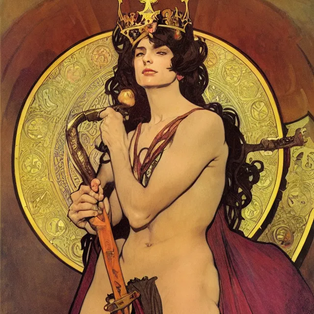 Image similar to an aesthetic! a detailed portrait of a man with a crown, holding a scepter by frank frazetta and alphonse mucha, oil on canvas, art nouveau dungeons and dragons fantasy art, hd, god - rays, ray - tracing, crisp contour - lines, huhd