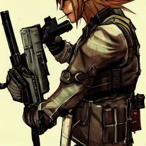 Prompt: link from zelda wearing a resident evil suit with gun by yoji shinkawa, concept art