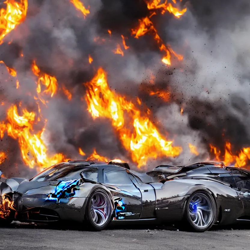 Image similar to close - up of a chrome pagani huayra on fire after a big crash, 8 k, highly detailed, realistic