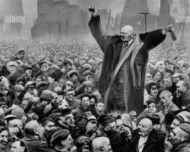 Image similar to lenin addressing a crowd, soviet propaganda posterm